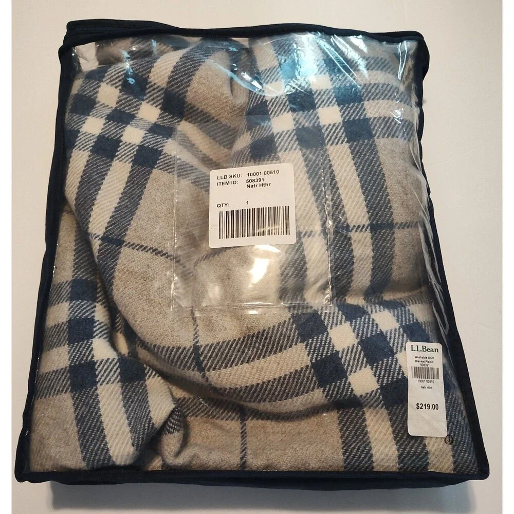 Pendleton LL Bean Washable Wool Full Size Blanket Blue Tan Cream 80” x 90” Plaid